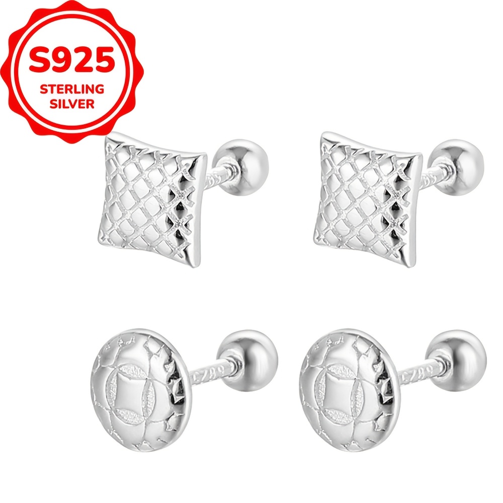 925 Sterling Silver Circle Square Ear Studs for Daily Dressing